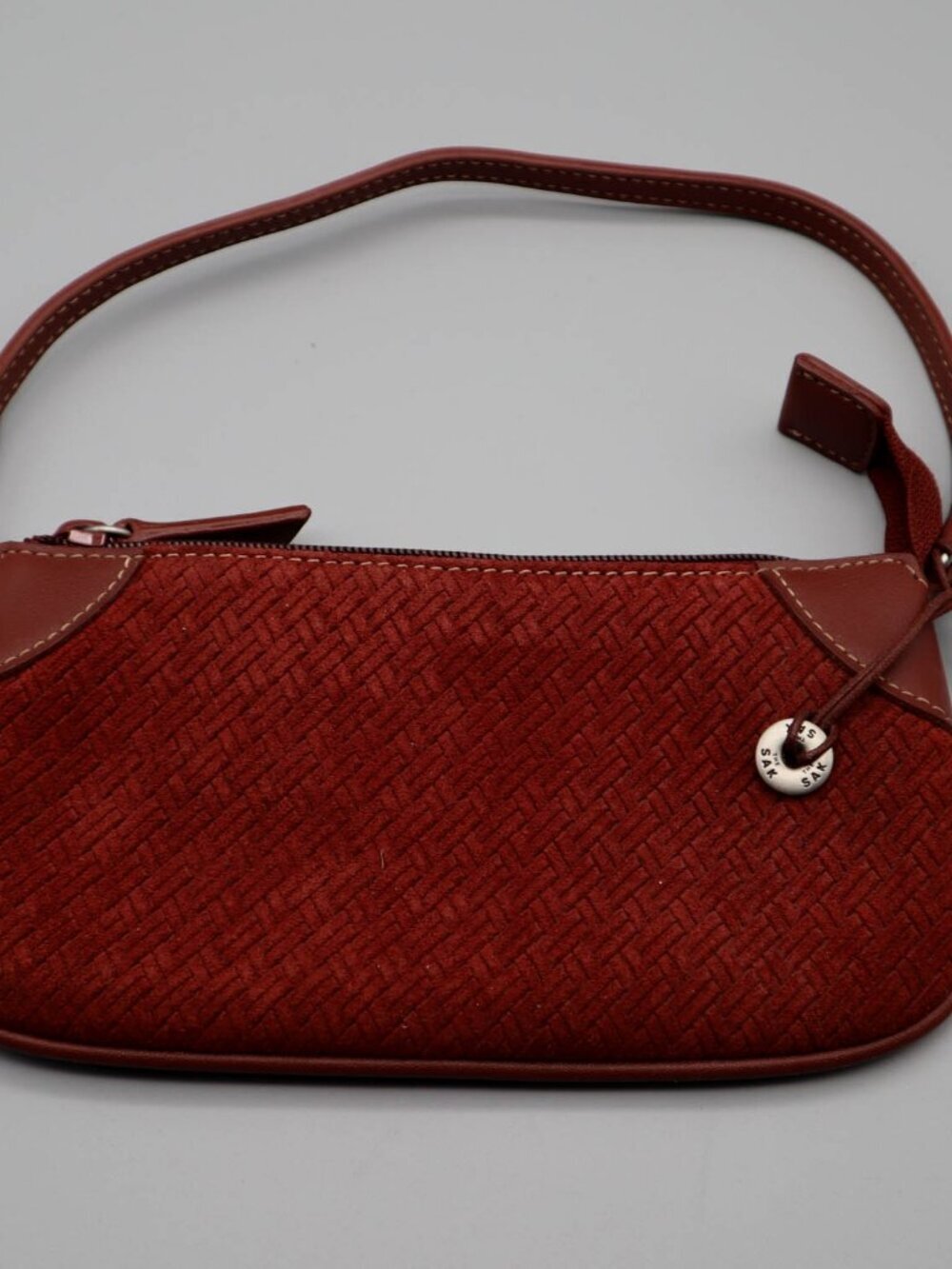 The Sak Woven Suede Leather Mini Purse Wristlet Baguette Bag Burgundy Y2K Boho
